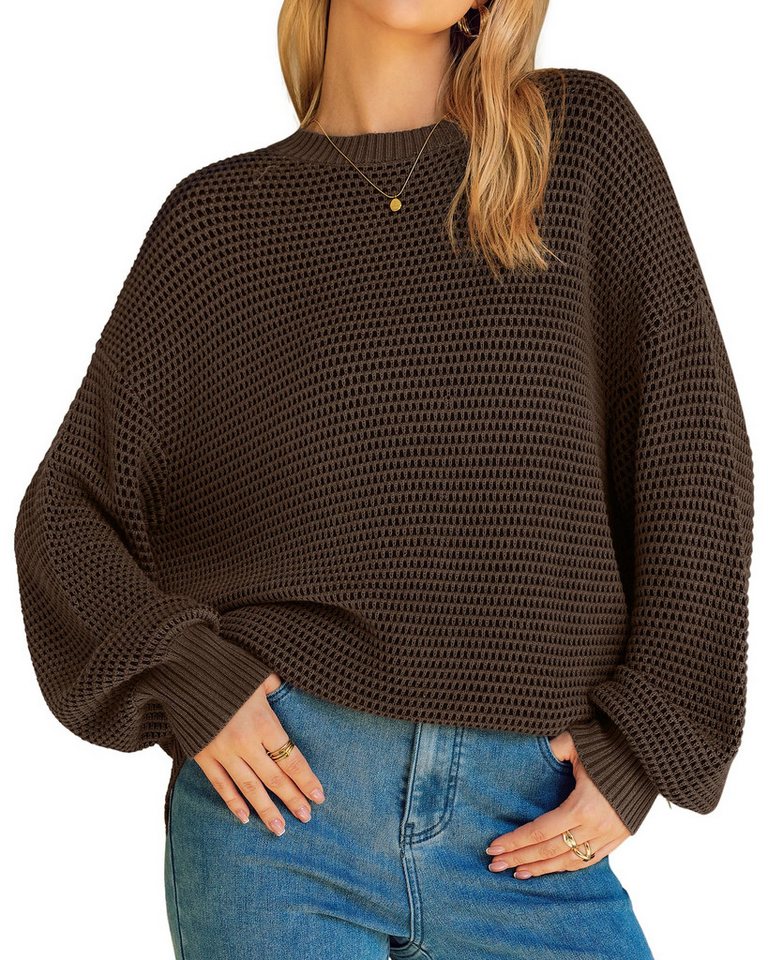Arach&Cloz Wollpullover Arach&Cloz Damen Pullover Wollpullover Strickpullover Longpullover Mode Wollmischung Pullunder lose Waffelmuster Rundhalspullover von Arach&Cloz