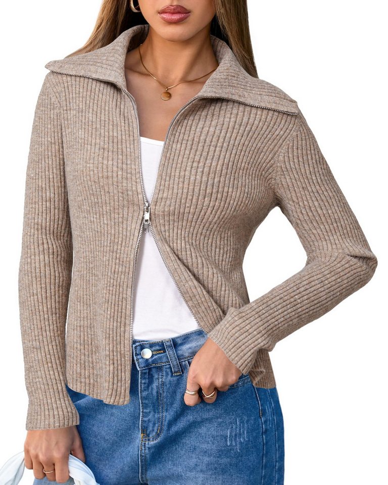 Arach&Cloz Wollpullover Arach&Cloz Damen Wollmischung Strickpullover Longpullover Herbstmode Zip Up Cardigan Pullover Revers V-Ausschnitt Pullover von Arach&Cloz