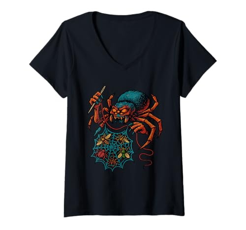 Damen Gruselige Spinne Nähen Dark Web Artwork T-Shirt mit V-Ausschnitt von Arachnid Horror Studio