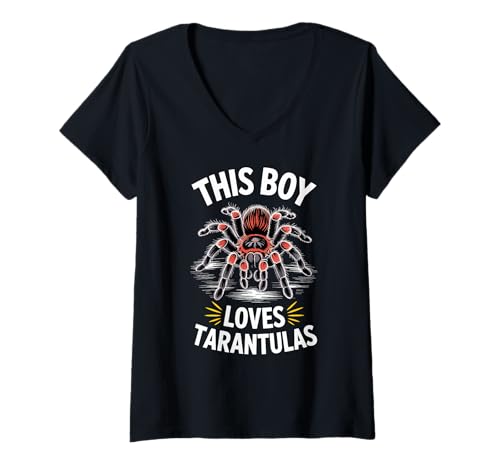 Damen This Boy Loves Tarantulas, lustiges Spinnen-Design für Jungen T-Shirt mit V-Ausschnitt von Arachnid and Nature Lover Designs