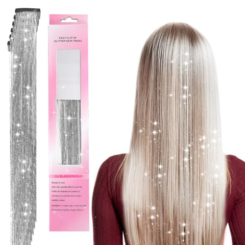 Lametta-Haarverlängerungen zum Anklipsen, silberfarben, 6 Stück, glitzernde Haare, Lametta-Strähnen für Mädchen und Frauen, schillernde Haar-Accessoires für Frauen, Mädchen, schillernde Dekoration von Aradoea