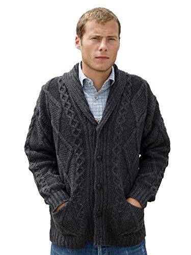 100% Merino Wool Charcoal Aran Shawl Collar Grandfather Cardigan von Aran Crafts