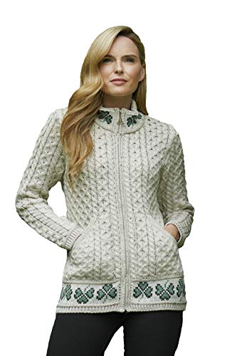 100% Merino Wool Zip Cardigan With Shamrock Design Oatmeal Colour von Aran Crafts