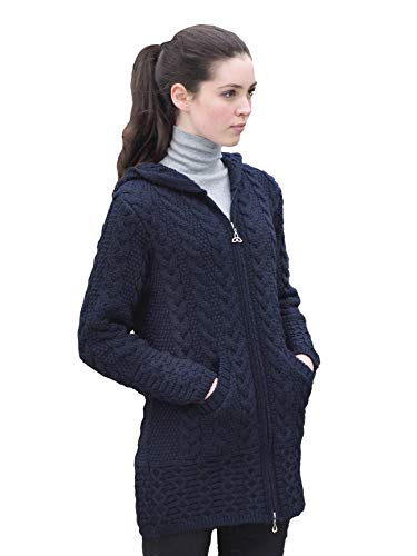 Aran Crafts Damen Irish Cable Knitted Hooded Zip Coat (100% Merinowolle), Marineblau, L von Aran Crafts