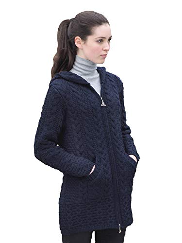 Aran Crafts Damen Irish Cable Knitted Hooded Zip Coat (100% Merinowolle), Marineblau, XL von Aran Crafts