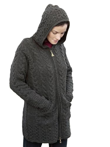 Aran Crafts Damen Irish Cable Knitted Wool Hooded Zip Coat (100% Merino Wool), Dunkelgrau, S von Aran Crafts