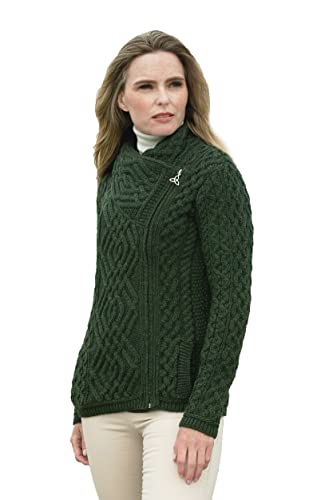 Aran Crafts Damen Irish Cable Knitted Side Zip Cardigan (100% Merinowolle), Grün (Army Green), Klein von Aran Crafts