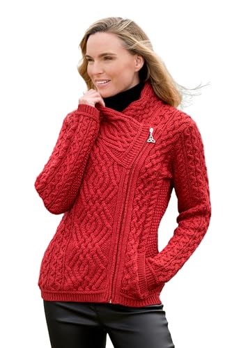 Aran Crafts Damen Irish Cable Knitted Wool Side Zip Cardigan (100% Merinowolle), Kirschrot, Mittel von Aran Crafts