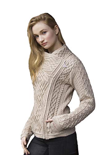 Aran Crafts Damen Irish Cable Knitted Wool Side Zip Cardigan (100% Merinowolle), Pastinakind, Groß von Aran Crafts