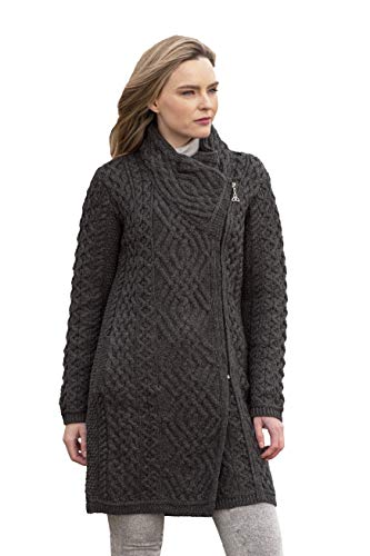 Aran Crafts Damen Irish Soft Cable Strick Side Zip Coat (100% Merinowolle), Dunkelgrau, Groß von Aran Crafts