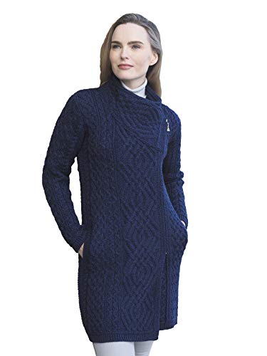 Aran Crafts Damen Irish Soft Cable Strick Side Zip Coat (100% Merinowolle), Mitternachtsblau, Mittel von Aran Crafts