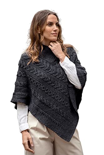 Aran Crafts Damen Irish Soft Zopfstrick Poncho Cape (100% Merinowolle), Anthrazit, M/L von Aran Crafts