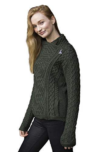 Aran Crafts Damen Irish Cable Knitted Side Zip Cardigan (100% Merinowolle), Grün (Army Green), Klein von Aran Crafts
