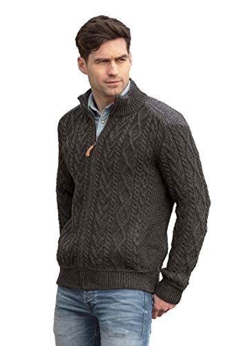 Aran Crafts Herren Cardigan mit Zopfmuster, Schulterdetail, Reißverschluss (100 % Merinowolle), anthrazit, X-Groß von Aran Crafts