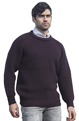 Aran Crafts Herren Fisherman Irish Rib Crew Neck Wool Sweater, Damson, Large von Aran Crafts