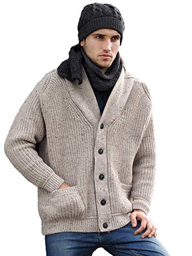 Aran Crafts Herren Irische Zopfstrickjacke, gerippt (100% Merinowolle), Haferflocken (Oatmeal), Mittel von Aran Crafts