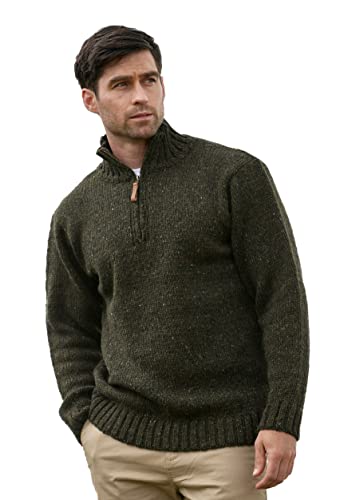 Aran Crafts Herren Irischer Zopfstrickpullover mit halbem Reißverschluss (100% Donegal-Wolle), Grün (Forest Green), Mittel von Aran Crafts