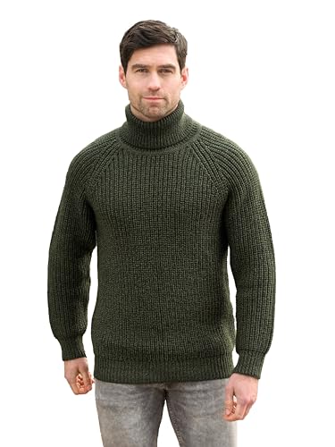 Aran Crafts Herren Irish Cable Knitted Rib Rollkragen Pullover (100% reine Schurwolle), Dunkelgrün, Klein von Aran Crafts