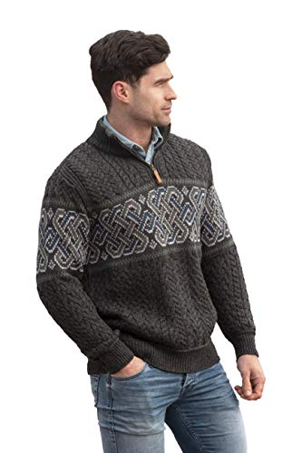 Aran Crafts Herren Irish Zopfstrick-Pullover mit halbem Reißverschluss, Jacquard (100% Merinowolle) - Schwarz - X-Groß von Aran Crafts
