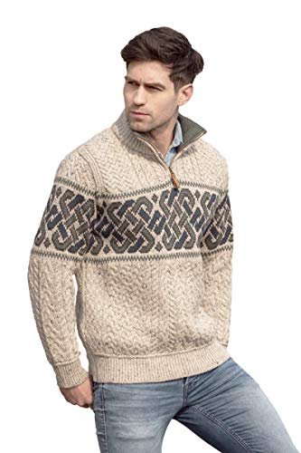 Carrolls Irish Gifts Herren Jacquard-Pullover mit halbem Reißverschluss, Keltisches Strickmuster, Anthrazit, Hellbeige, Small von Aran Crafts