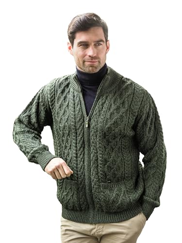 Aran Crafts Herren-Strickjacke mit Reißverschluss, 100 % Merinowolle, hergestellt in Irland, Grün (Army Green), XX-Large von Aran Crafts