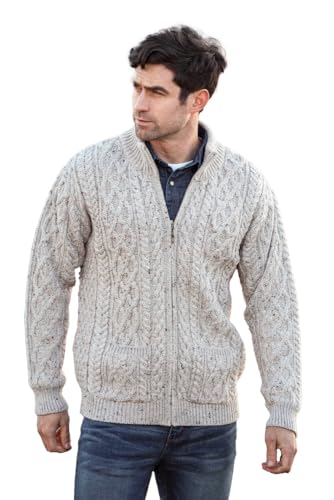 Aran Crafts Herren-Strickjacke mit Reißverschluss, 100 % Merinowolle, hergestellt in Irland, Haferflocken (Oatmeal), L von Aran Crafts