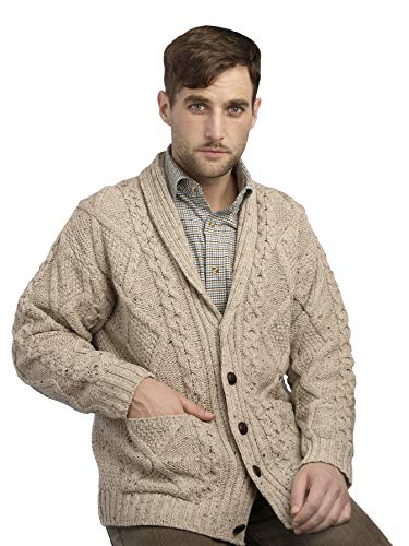 Aran Crafts Irische Strickjacke für Herren mit Zopfmuster (100% Merinowolle), Hellbeige, Large von Aran Crafts