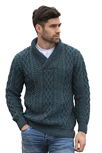 Men's Soft Irish Cable Knit Shawl Collar Jumper Peacock von Aran Crafts