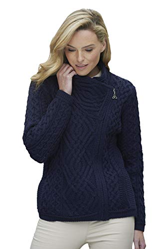 Aran Crafts Damen Irish Cable Knitted Side Zip Cardigan (100% Merinowolle), Marineblau, Groß von Aran Crafts