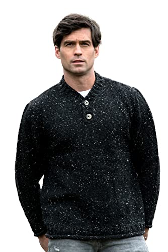 Aran Crafts Irischer Herren-Pullover mit 2 Knöpfen, V-Ausschnitt, 100 % Donegal-Wolle (K3082), Schwarzer Nep, XX-Large von Aran Crafts