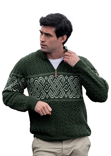 Aran Crafts Irischer Jacquard-Pullover mit halbem Reißverschluss für Herren (100 % Merinowolle), Grün (Army Green), Klein von Aran Crafts
