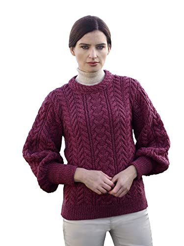 Aran Crafts Irischer Pullover mit Ballonärmeln, 100 % Merinowolle (C5272), beere, S von Aran Crafts