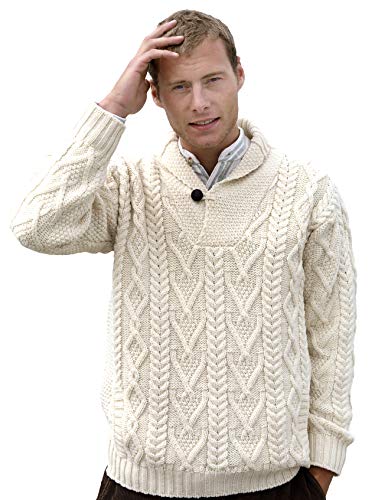 100% Merino Wool Aran Shawl Collar Aran Sweater, Natural Colour von Aran Crafts