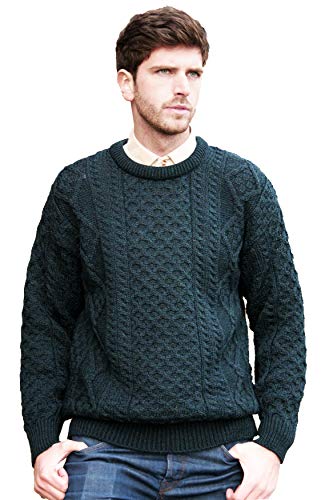 Aran Crafts Irischer weicher Zopfstrickpullover mit Rundhalsausschnitt (100% reine Schurwolle), Blackwatch, X-Klein von Aran Crafts