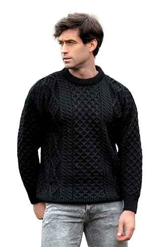 Aran Crafts Irischer weicher Zopfstrickpullover mit Rundhalsausschnitt (100% reine Schurwolle), Einfarbig Schwarz, XX-Large von Aran Crafts