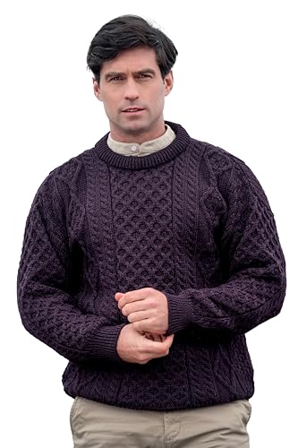 Aran Crafts Irischer weicher Zopfstrickpullover mit Rundhalsausschnitt (100% reine Schurwolle), damson, Large von Aran Crafts