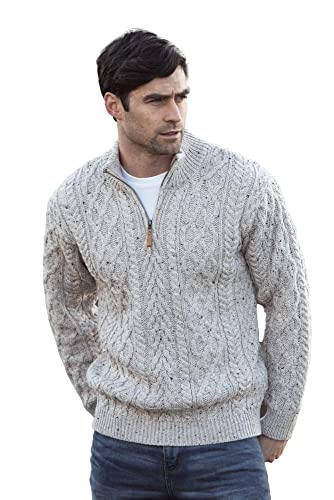Aran Crafts Irish Soft Herren Jacke mit Zopfstrick, Reißverschluss am Hals (100% Merinowolle) - Beige - Groß von Aran Crafts