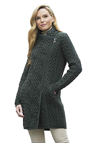 Aran Crafts Ladies Merino Wool Cable Knit Coat With Side Zip Green von Aran Crafts
