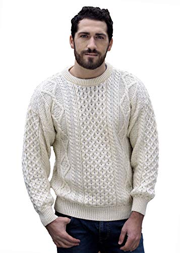 Aran Crafts Irischer weicher Zopfstrickpullover mit Rundhalsausschnitt (100% reine Schurwolle), Ecru, Klein von Aran Crafts