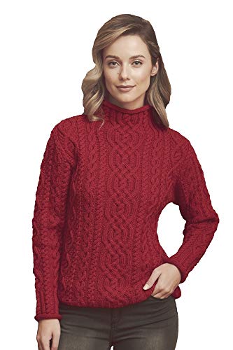 Aran Crafts Pullover mit Trichterkragen, 100 % Merinowolle - Rot - Mittel von Aran Crafts