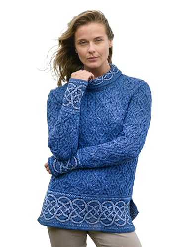Aran Crafts Ranelagh Jacquard Sweater 100% Merinowolle, hergestellt in Irland, Blau meliert, Mittel von Aran Crafts