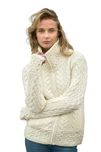 Aran Crafts Strickjacke mit doppeltem Kragen, Reißverschluss, 100 % Merinowolle, hergestellt in Irland, Natürlich, Mittel von Aran Crafts