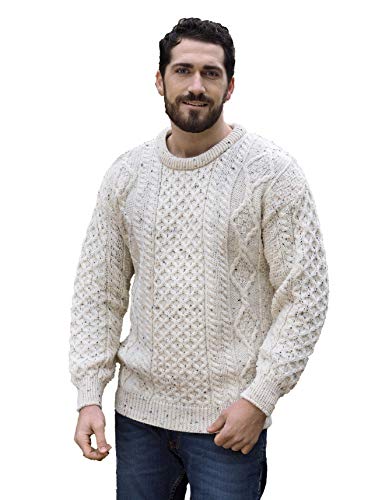 Aran Crafts Traditioneller Aran Rundhals-Pullover, 100% Reine Schurwolle, Ecru, Skiddaw, Blackwatch Farben - - Mittel von Aran Crafts