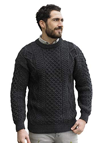 Aran Crafts Traditioneller Aran Rundhals-Pullover, 100 % reine Schurwolle, Ecru, Skiddaw, Blackwatch Farben - Schwarz - XX-Large von Aran Crafts