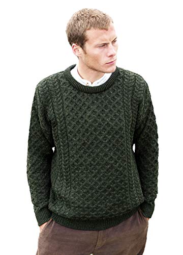 Aran Crafts Unisex Irish Cable Knitted Crew Neck Sweater (100% Merino Wool), Armee-grün, Medium von Aran Crafts