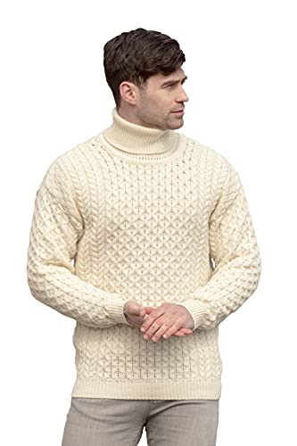 Aran Crafts Unisex Irish Cable Knitted Soft Rollneck Sweater (100% Merinowolle), Natur, Medium von Aran Crafts