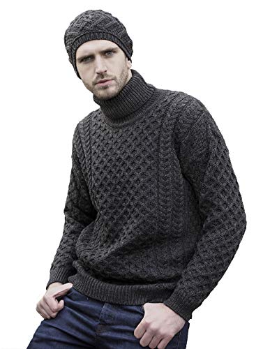 Aran Crafts Unisex Irish Zopfstrickpullover, weich, Rollkragenpullover (100% Merinowolle), anthrazit, Medium von Aran Crafts