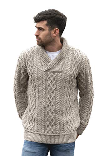 Aran Crafts Weicher irischer Herren-Pullover mit Zopfmuster und Schalkragen (100 % Merinowolle), Haferflocken (Oatmeal), XL von Aran Crafts