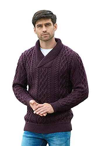Aran Crafts Weicher irischer Herren-Pullover mit Zopfmuster und Schalkragen (100% Merinowolle), Damson, L von Aran Crafts