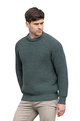 Men's Fisherman's Ribbed Crew Neck Jumper Moss von Aran Crafts